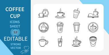 Düzenlenebilir Kahve Kupası Simgeleri Sayfa Vektörü, Kupa, İçecek, Kafe, İçecek, Sıcak, Buhar, Taslak, Tarz, Desi