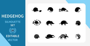 Düzenlenebilir vektör simgeleri olarak sunulan 12 farklı kirpi siluetinden oluşan bir koleksiyon. Çeşitli tasarım projeleri, logolar ve çizimler için mükemmel..