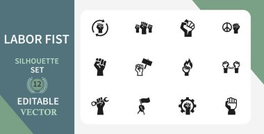 12 adet düzenlenebilir işçi hareketi silueti yumrukları, ampuller, dişliler, bayrak ve daha fazlası kaldırıldı. Sendika tasarımı ve protestoları için mükemmel.