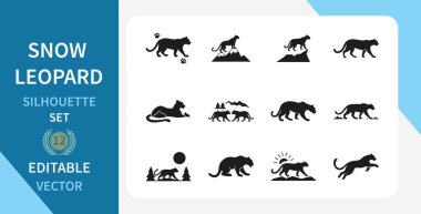 Yürümek, dinlenmek ve yavrularla olmak üzere çeşitli pozlarda on iki kar leoparı silueti. Düzenlenebilir vektör grafikleri logolar, çizimler veya web siteleri için idealdir.