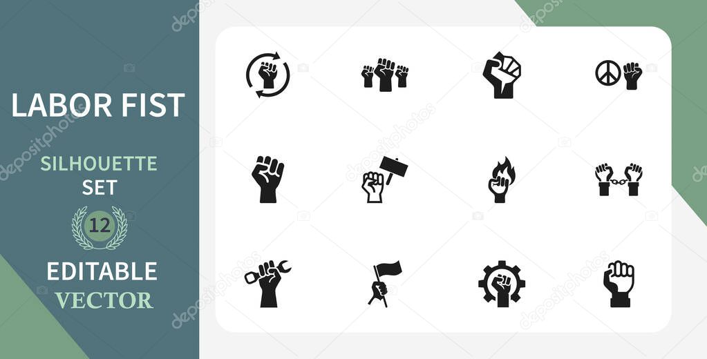 Twelve editable vector silhouettes of labor movement icons raised fists, lightbulb, gears, flag, and more. Perfect for union designs and protests.