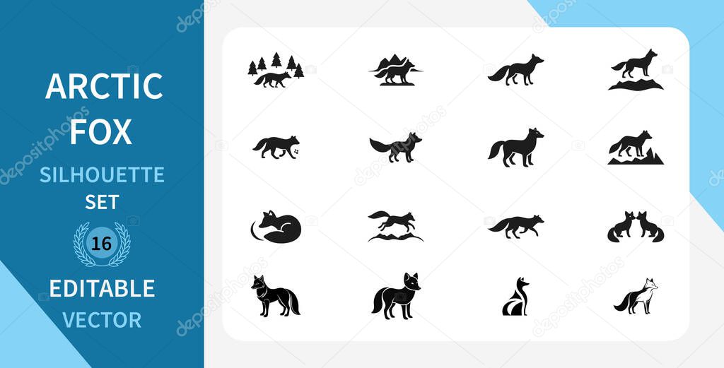 A collection of 20 Arctic fox silhouette vector icons in various poses and environments. Editable, perfect for designs, websites, or apps. Includes paw prints and winter landscapes.