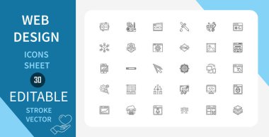 Web Tasarım Satırı Simgeleri Ayarlandı. Arayüz, Kullanıcı, Deneyim, Web sitesi, Geliştirme, Kodlama ve daha fazlası. Çizgi Vektör Simgesi Çizgisel Tarzında. Düzenlenebilir Vuruş. Vektör İllüstrasyonu.