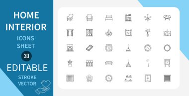 Ev İçi Satır Simgeleri Ayarlandı. Mobilya, aydınlatma, saat, kanepe, sandalye, masa, yatak, lamba ve daha fazlası. Çizgi Vektör Simgesi Çizgisel Tarzında. Düzenlenebilir Vuruş. Vektör İllüstrasyonu.