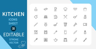 Mutfak çizgisi simgeleri ayarlandı. Utensiller, Aletler, Yemek, Yemek, Mutfak, Restoran, Şef ve daha fazlası. Doğrusal olarak taslak vektör simgesi. Düzenlenebilir felç. Vektör illüstrasyonu.