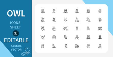 Baykuş Hattı Simgeleri Ayarlandı. Giysiler, İkonalar, Kuş, Vahşi Yaşam, Hayvan, Doğa, Bilgelik, Gece, Orman ve Daha Fazla. Çizgi Vektör Simgesi Çizgisel Tarzında. Düzenlenebilir Vuruş. Vektör İllüstrasyonu.