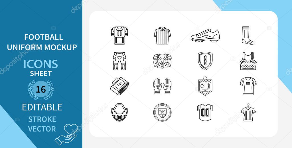 Football Uniform Mockup Line Icons Set. jersey, shirt, pants, shorts, shoes, socks, helmet, pads  And More. Outline Vector Icon In Linear Style. Editable Stroke. Vector Illustration.