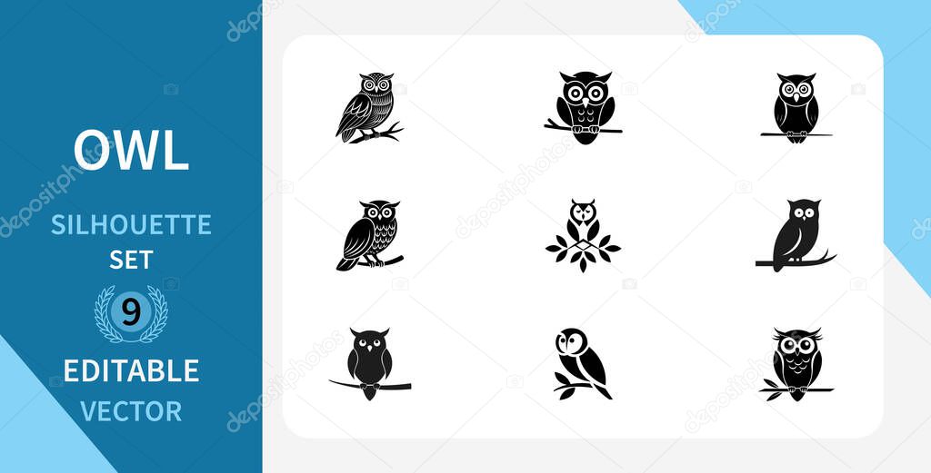 Owl Silhouette Vector Set. Insect, Wildlife, Bird, Animals, Nature, Night, Wisdom and More. Vector illustration