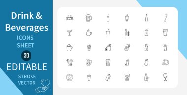 İçecek ve İçecek Hattı Simgeleri ayarlandı. Kahve, çay, meyve suyu, bardak, bardak, şişe, bardak, bardak, bardak, bar, restoran, menü ve daha fazlası. Çizgi Vektör Simgesi Çizgisel Tarzında. Düzenlenebilir Vuruş. Vektör İllüstrasyonu.