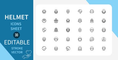 Miğfer Emojis Satır Simgeleri Ayarlandı. Güvenlik, Spor, Başlık, Koruma, Zırh, Ordu, İnşaat, Bisiklet ve daha fazlası. Çizgi Vektör Simgesi Çizgisel Tarzında. Düzenlenebilir Vuruş. Vektör İllüstrasyonu.