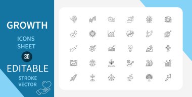 Büyüme Çizgisi Simgeleri Ayarlandı. İş, Finans, Pazarlama, İlerleme, Başarı, Artırma ve Fazlası. Çizgi Vektör Simgesi Çizgisel Tarzında. Düzenlenebilir Vuruş. Vektör İllüstrasyonu.