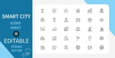 Akıllı Şehir Hattı Simgeleri Ayarlandı. Şehir, Teknoloji, Altyapı, Binalar, Tasarım, Modern, Kentsel ve daha fazlası. Çizgi Vektör Simgesi Çizgisel Tarzında. Düzenlenebilir Vuruş. Vektör İllüstrasyonu.