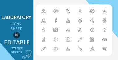 Laboratuvar Satır Simgeleri Ayarlandı. Bilim, araştırma, kimya, tabak, tüp, şırınga, biyoloji ve daha fazlası. Çizgi Vektör Simgesi Çizgisel Tarzında. Düzenlenebilir Vuruş. Vektör İllüstrasyonu.