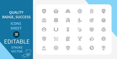 Kalite, Rozet, Başarı Satırı Simgeleri Ayarlandı. Pazarlama, İş, Başarı, Kupa, Kazanan, Ödül ve Fazlası. Çizgi Vektör Simgesi Çizgisel Tarzında. Düzenlenebilir Vuruş. Vektör İllüstrasyonu.