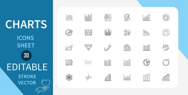 Satır, Bar, Turta ve daha fazlası dahil olmak üzere çeşitli grafik tiplerini gösteren 30 Düzenlenebilir Vektör Simgesinden oluşan bir sayfa. Çizgi Vektör Simgesi Çizgisel Tarzında. Düzenlenebilir Vuruş. Vektör İllüstrasyonu.