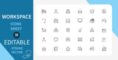 30 Düzenlenebilir Çalışma Alanı Simgesinin Sayfası. Ofis mobilyaları, İçişleri Bakanlığı ayarları ve İşyeri Elementleri dahil. Çizgi Vektör Simgesi Çizgisel Tarzında. Düzenlenebilir Vuruş. Vektör İllüstrasyonu.