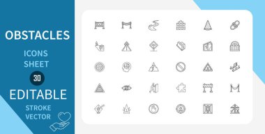 Engeller, barikatlar ve inşaat hattı simgeleri ayarlandı. Barikatlar, İnşaat, İşaretler, Uyarı, Tehlike, Trafik ve Fazlası. Çizgi Vektör Simgesi Çizgisel Tarzında. Düzenlenebilir Vuruş. Vektör İllüstrasyonu.