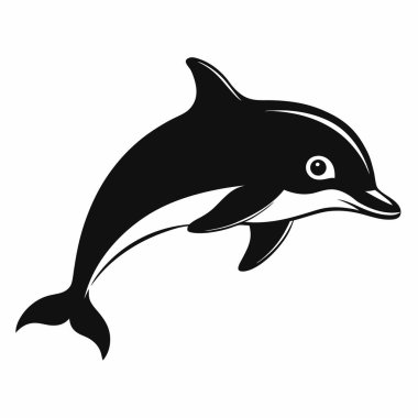 Bir yunus siluetinin stilize edilmiş siyah silueti, parlak gövdesini ve kıvrık yüzgecini sergiliyor. Görüntü basit, zarif ve beyaz bir arkaplan üzerinde.
