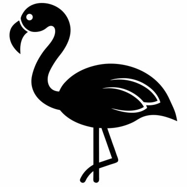 Basit, siyah bir flamingo silueti. Kuş ayakta tasvir edilir, uzun boyun ve bacaklarını sergilemektedir. Logolar ve simgeler için mükemmel bir minimalist tasarım..