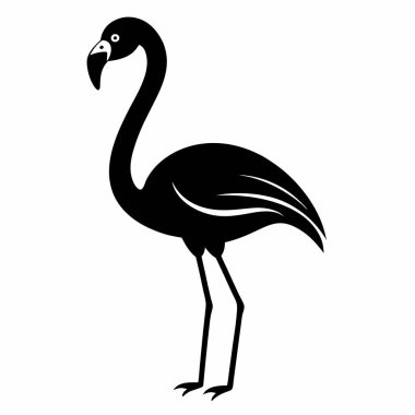 Basit, siyah bir flamingo silueti. Kuş ayakta tasvir edilir, uzun boyun ve bacaklarını sergilemektedir. Logolar ve simgeler için mükemmel bir minimalist tasarım..