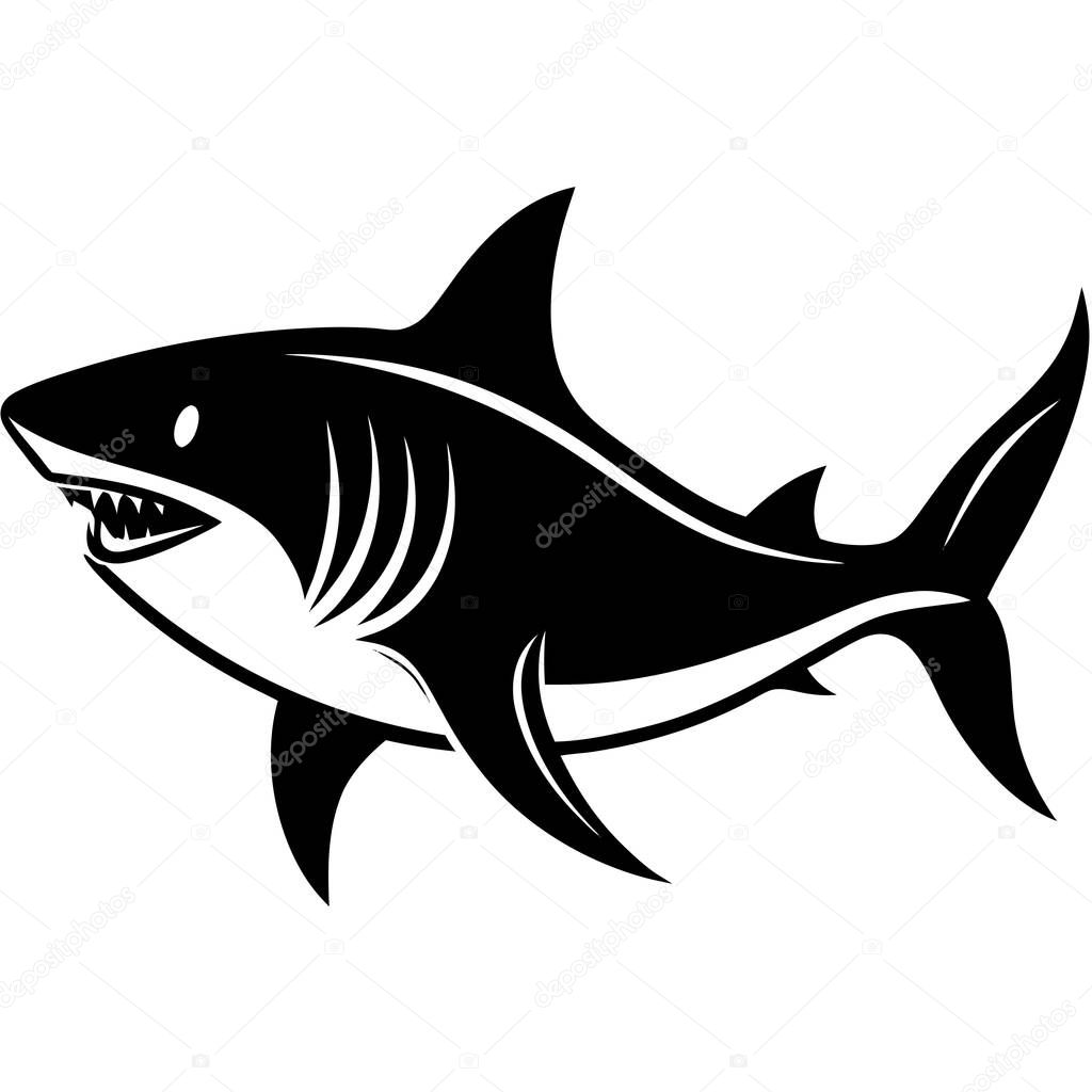 Stylized Shark Silhouette Predator, Ocean, Aquatic, Marine Life, Jaws, Black, White, Graphic, Design