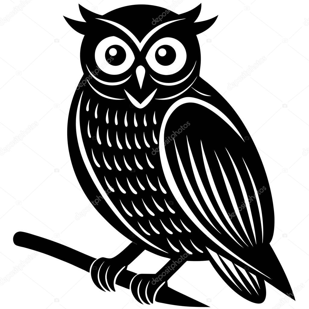Stylized Black Owl Silhouette Perched on Branch Vector Art
