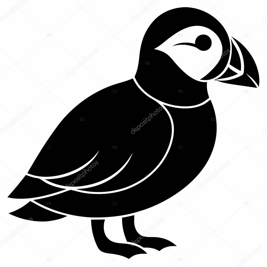 Atlantic Puffin Bird Silhouette, Black and White Illustration