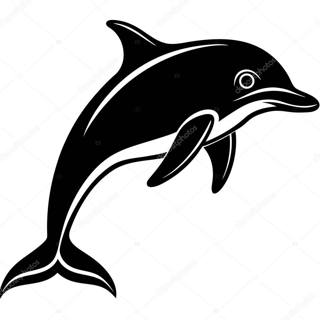 A stylized black silhouette of a dolphin leaping, showcasing its sleek body and powerful fluke. Oceanic mammal, aquatic life, marine animal.