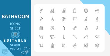 Banyo Hattı Simgeleri Ayarlandı. Çeşitli Banyo Aletleri, Malzemeler, Tuvalet, Lavabo, Duş, Küvet, Küvet, Ayna ve Daha Fazlası. Çizgi Vektör Simgesi Çizgisel Tarzında. Düzenlenebilir Vuruş.