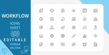 Çalışma Akışı, İşlem, Operasyon Satır Simgeleri Ayarlandı. Sunum, Web sitesi, İş, Planlama, Strateji, Takım çalışması ve daha fazlası. Çizgi Vektör Simgesi Çizgisel Tarzında. Düzenlenebilir Vuruş. Vektör İllüstrasyonu.