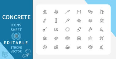 Somut Çizgi Simgeleri Ayarlandı. İnşaat, çimento, karıştırıcı, köprü, sütun, şekil, küf, ekipman ve daha fazlası. Çizgi Vektör Simgesi Çizgisel Tarzında. Düzenlenebilir Vuruş. Vektör İllüstrasyonu.