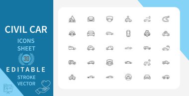 Sivil Araç Hattı Simgeleri Ayarlandı. Araç, Yol, İşaret, Güvenlik, Sembol, Ulaşım, Trafik ve daha fazlası. Çizgi Vektör Simgesi Çizgisel Tarzında. Düzenlenebilir Vuruş. Vektör İllüstrasyonu.
