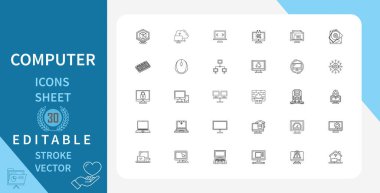 Bilgisayar Satır Simgeleri Ayarlandı. Teknoloji, Veri, Yazılım, Donanım, Dijital, Arayüz ve daha fazlası. Çizgi Vektör Simgesi Çizgisel Tarzında. Düzenlenebilir Vuruş. Vektör İllüstrasyonu.