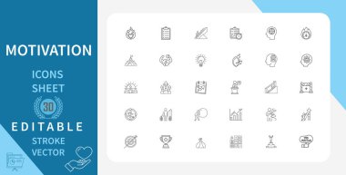 Motivasyon Satırı Simgeleri Ayarlandı. Motivasyon, Başarı, Büyüme, Başarı ve Fazlası. Çizgi Vektör Simgesi Çizgisel Tarzında. Düzenlenebilir Vuruş. Vektör İllüstrasyonu.