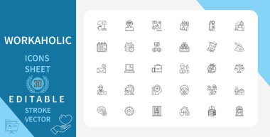 İşkolik Satır Simgeleri Ayarlandı. Üretkenlik, iş, ofis, zaman, yönetim ve daha fazlası. Çizgi Vektör Simgesi Çizgisel Tarzında. Düzenlenebilir Vuruş. Vektör İllüstrasyonu.