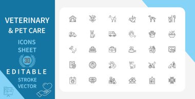 Veteriner ve Hayvan Bakımı Hattı Simgeleri Ayarlandı. Hayvanlar, Klinik, Sağlık, Köpek, Kedi, Tavşan, Kuş, Balık, Sürüngen ve daha fazlası. Çizgi Vektör Simgesi Çizgisel Tarzında. Düzenlenebilir Vuruş. Vektör İllüstrasyonu.