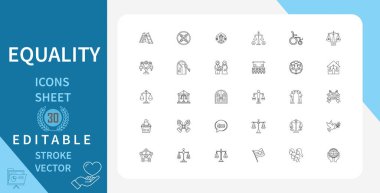  Eşitlikle ilgili 30 çizgi simgesi kümesi. Topluluk, küresel, dünya, insanlar ve daha fazlası. Doğrusal olarak taslak vektör simgesi. Düzenlenebilir felç. Vektör illüstrasyonu.