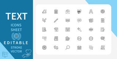 Metinle ilgili 30 satır simgesi kümesi. Yönetim, takım çalışması, tasarım, iletişim ve daha fazlası. Doğrusal olarak taslak vektör simgesi. Düzenlenebilir felç. Vektör illüstrasyonu.