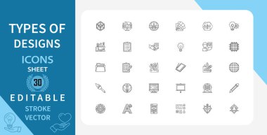 Tasarım ile ilgili 30 satır simgesi. Web sitesi, yazılım, teknoloji, dijital, pazarlama, iş ve daha fazlası. Doğrusal olarak taslak vektör simgesi. Düzenlenebilir felç. Vektör illüstrasyonu.