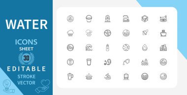 Suyla ilgili 30 çizgi simgesi seti. Su damlası, damlacık, su, sıvı ve daha fazlası. Doğrusal olarak taslak vektör simgesi. Düzenlenebilir felç. Vektör illüstrasyonu.