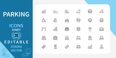 Park yeri ile ilgili 30 satır simgesi. Handikap, araba, araç, ulaşım, trafik ve daha fazlası. Doğrusal olarak taslak vektör simgesi. Düzenlenebilir felç. Vektör illüstrasyonu.