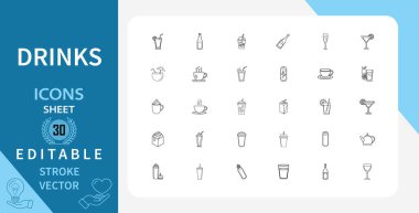 İçkiyle ilgili 30 satır simgesi. Kahve, çay, meyve suyu, soda, su ve daha fazlası. Doğrusal olarak taslak vektör simgesi. Düzenlenebilir felç. Vektör illüstrasyonu.