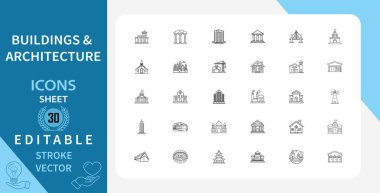 İnşaat, mimari ve yapılarla ilgili 30 satır simgesi. Kilise, okul, hastane, fabrika ve daha fazlası. Doğrusal olarak taslak vektör simgesi. Düzenlenebilir felç. Vektör illüstrasyonu.