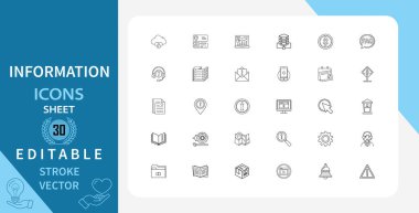 Bilgiyle ilgili 30 satır simgesi kümesi. Teknoloji, arayüz, veri, bilgisayar, yazılım ve daha fazlası. Doğrusal olarak taslak vektör simgesi. Düzenlenebilir felç. Vektör illüstrasyonu.