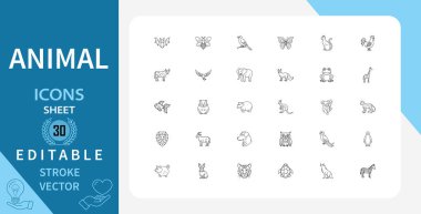 Hayvanla ilgili 30 çizgi simgesi. Kuş, böcek, vahşi yaşam, hayvan, zooloji ve daha fazlası. Doğrusal olarak taslak vektör simgesi. Düzenlenebilir felç. Vektör illüstrasyonu.