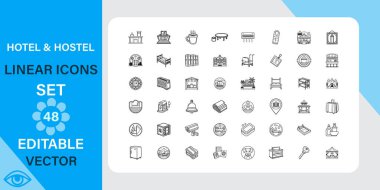 Otel ve Hostel Doğrusal Simgeleri 48 Düzenlenebilir Vektör Grafikleriyle Ayarlandı