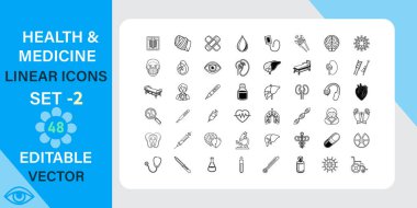 Sağlık ve İlaç Doğrusal Simgeleri Ayarlandı. Düzenlenebilir Vektör Grafikleri