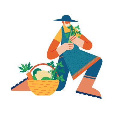 Taze sebze toplayan yaşlı bir adam. Ev yapımı konsept vektör çizimi.