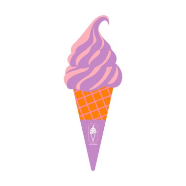 Waffle 'da Pembe Girdap Çilek Konisi. yaz konsepti vektör illüstrasyonu.