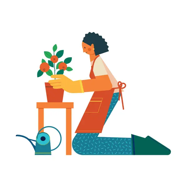 Evde meyvelerle ilgilenen bir kadın. Ev yapımı konsept vektör çizimi.